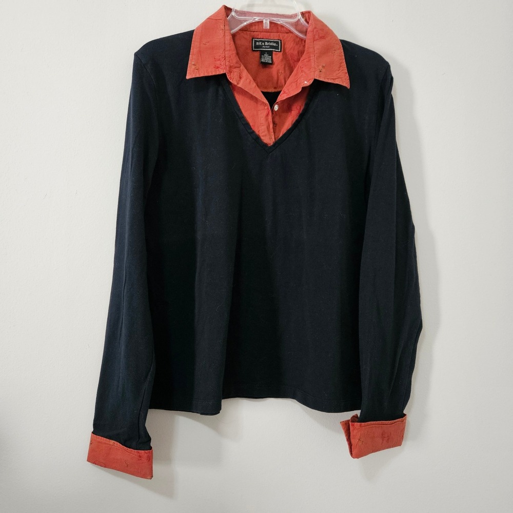 Bit & Bridle For Her Navy Blue V-Neck Top Orange Equestrian Print Collar Cuff L